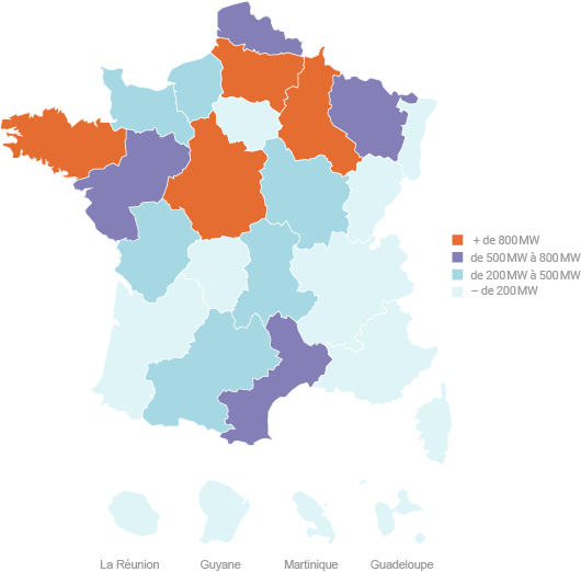 Répartition de la puissance éolienne installée en France 