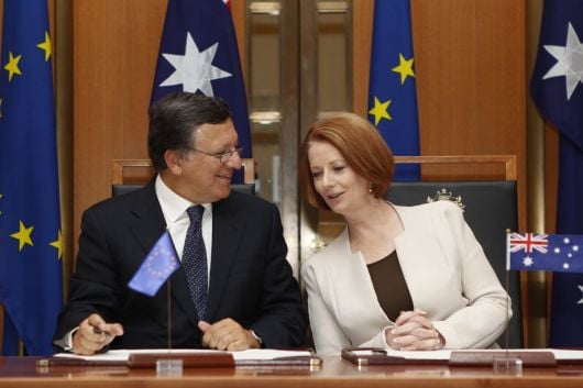 ccord entre l'Australie et la Communauté européenne de l'énergie atomique (EURATOM): Julia Gillard, à droite, et José Manuel Barroso