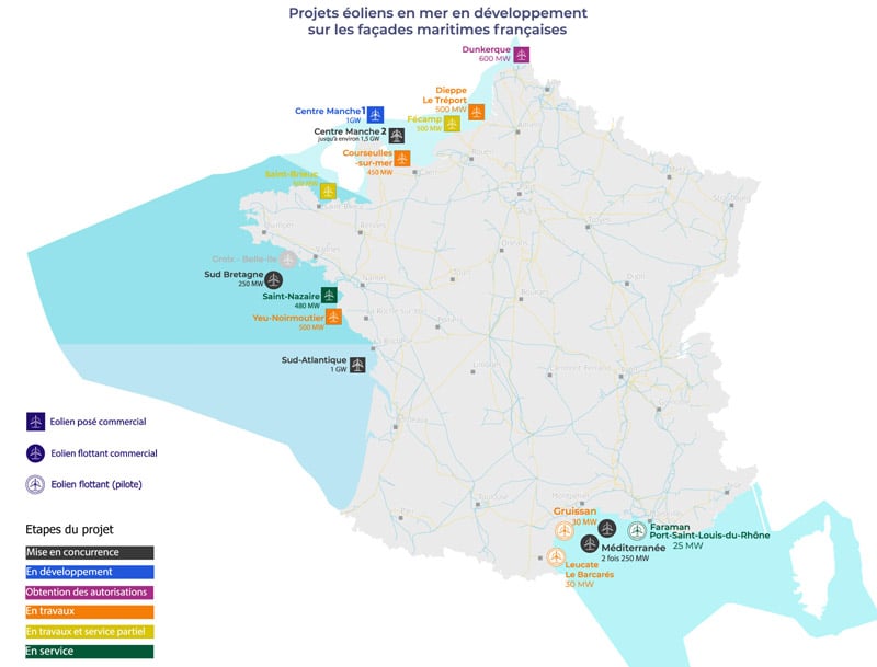 Carte du parc éolien en mer français